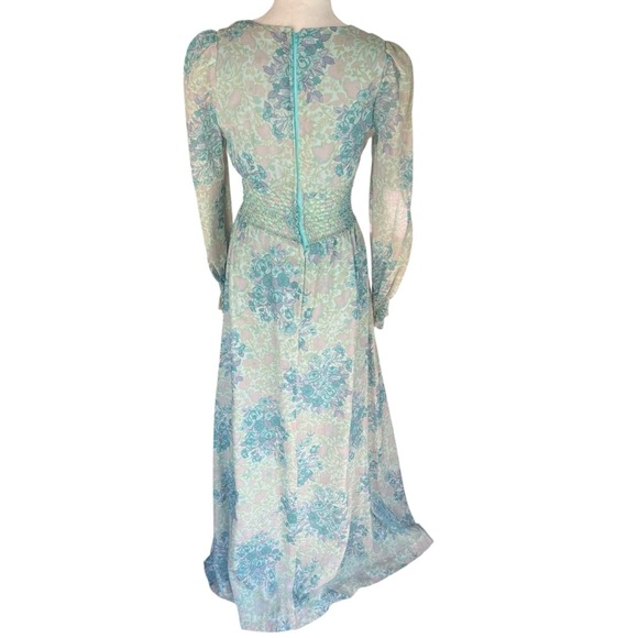 Vintage 70s Blue Floral Chiffon Maxi Dress Sheer Sleeves Empire Waist Boho S/M - Picture 2 of 5